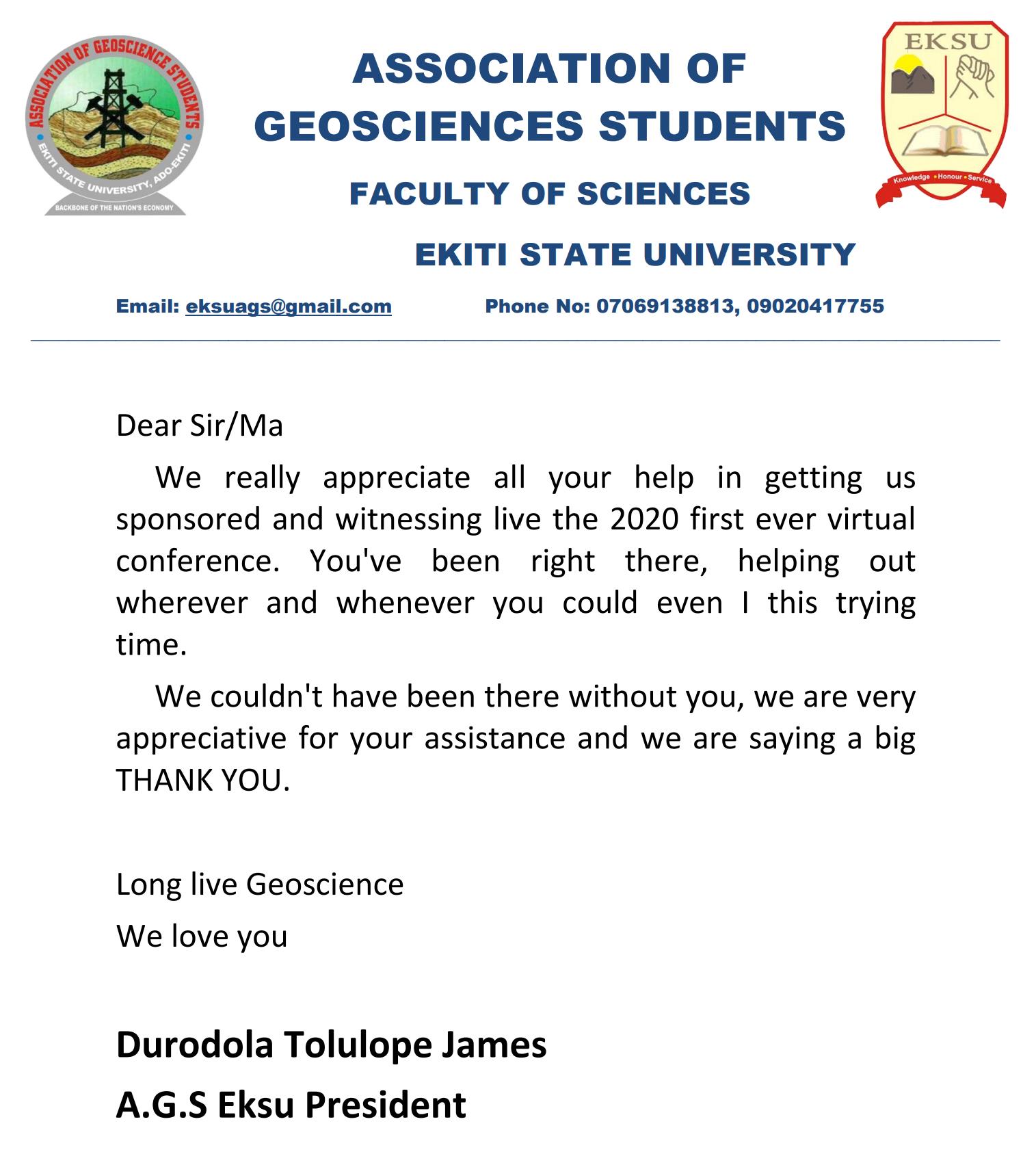 Appreciation Letter from Association of Geosciences Students, EKSU Chapter for Sponsorship to NAPE International Conference in 2020